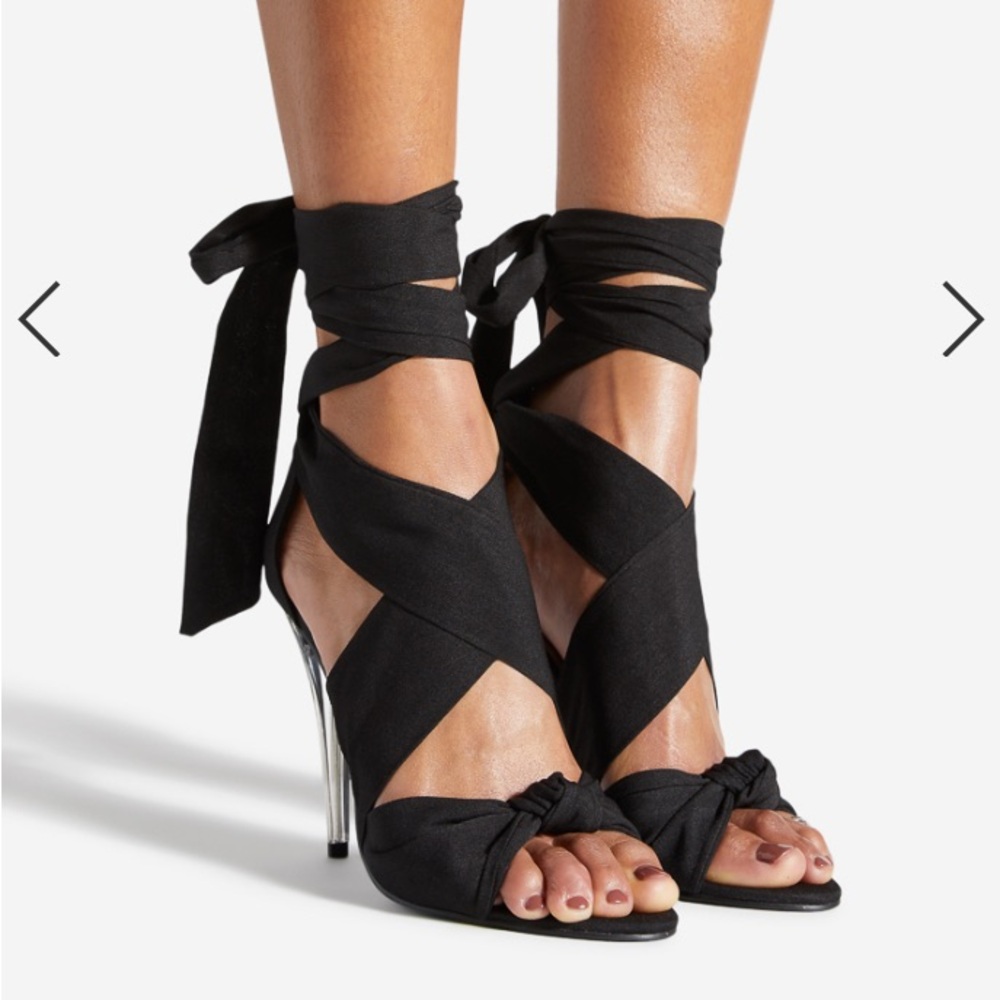 ShoeDazzle Ikaros Lace Up Stiletto Sandals Black 9.5 Wraparound Ankle Wrap